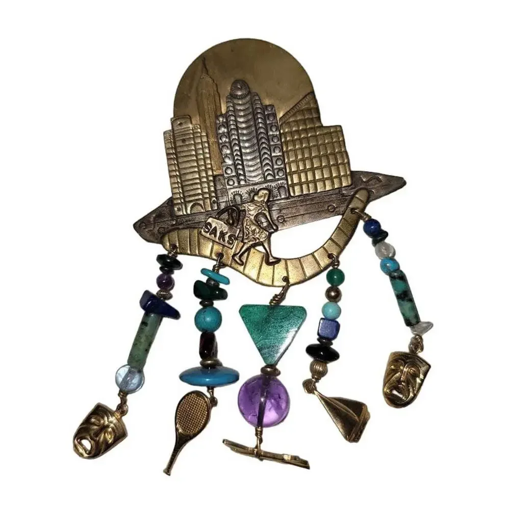 Saks STERLING New York Brooch Stones Theatre Masks Tennis Racquet Airplane boat